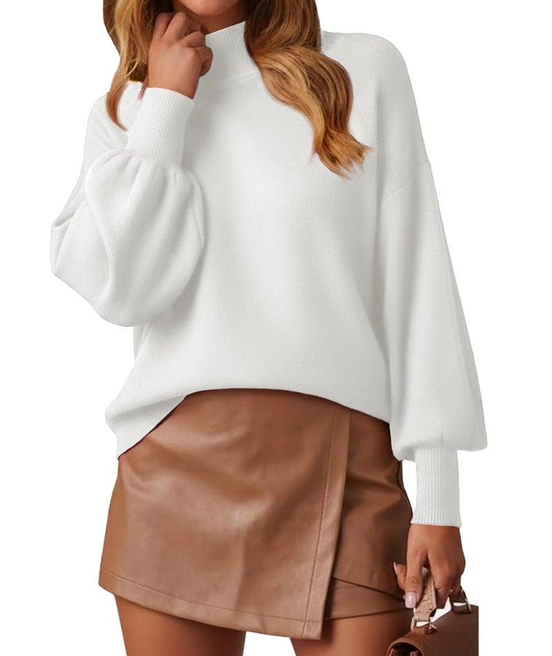 WEACZZY White Sweaters for Women Long Lantern Sleeve Mock Neck Oversized Pullover Sweater Knitted Fall Fashion Tops Off White XL - Image 1